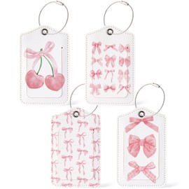 BkeeCten 4pcs Leather Coquette Pink Bow Luggage Tags, Trendy Watercolor Pink Cherry Bow Tie Identification Tags for Suitcase, Aesthetic Preppy Identify Labels Travel Tags for Backpack Suitcase