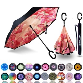 MRTLLOA 40/49/56 Inch Oversize Windproof Inverted Reverse Upside Down Umbrella, Golf Size Rain Umbrella, Double Layer, C-Shaped Handle for Men, Women and Kids (Peach Blossom, 49 Inch)