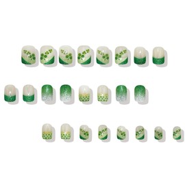 24Pcs St. Patrick's Day Press on Nails Short Square French Tip Fake Nails with Green Silver Glitter French Gradient Design Glue on Nails Cute Gold Bow Lucky Clover False Nails for Women DIY Irish