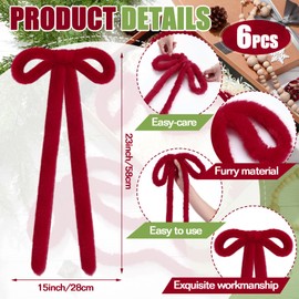 Hoteam 6 Pcs Rustic Faux Fur Christmas Swag Bows 23" x 15" Vintage Large Furry Christmas Wreath Bow for DIY Xmas Staircase Tree Door Garland Fireplace Indoor Outdoor Decorations Craft(Burgundy)