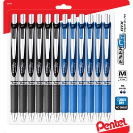 Pentel Energel 0.7 mm Rtx Retractable, 6 Black & 6 Blue Ink Pens Metal Tip, Medium Point Energel Liquid Gel Ink Pens 0.7 mm. Pack of 12