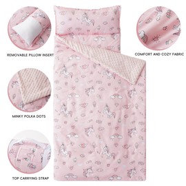 Bunnikins & Clover Toddler Nap Mat with Removable Pillow, Nap Mats for Preschool, Easy Clean Toddler Nap Pad for Kindergarten, Kids Sleeping Bag for Travel Camping (Unicorn Pink)