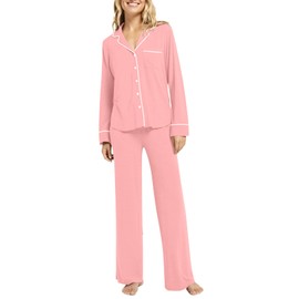 LYANER Women's Softest PJ Set 2 Piece V Neck Long Sleeve Button Down Sleepwear Lounge Pajama Sets Pink X-Large