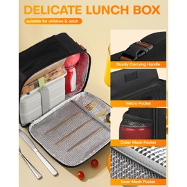 HOTOR Lunch Bag for Men & Women - Large Capacity Insulated Lunch Bag with Mutiple Pockets, Easy-Carrying & Wear-Resistant Cooler Lunch Box for Office, Picnic, Black, 9.06" x 4.33" x 10.63"