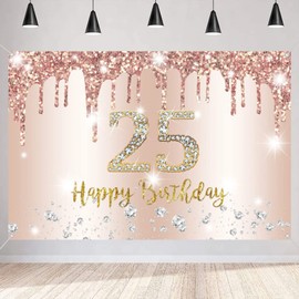 25th Birthday Decorations Happy Birthday Backdrop Banner for Women, 25 Years Old Fabric Sign Poster Party Decor, Rosegold Photo Background, 25th Birthday Party Supplies, 150 cm x 90 cm