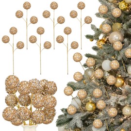 Norme 6 Pcs 15.8" Christmas Glitter Ball Tree Picks Christmas Ball Decorations Artificial Berry Stems Branches for Filler Vase Home Xmas Tree Party Holiday Decor(Champagne)
