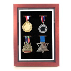 Medal Display Shadow Box, Medal Display Frame, 4 Medals Display Case, Perfect Medal Display for War Military, Runners, Marathon, RECE Winner, Football, Gymnastics & All Sports (Red Wood, 13x9.5'')