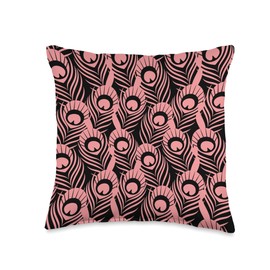 African Animal Prints Supply Co. Cute Pink Pastel Peacock Print Pattern Design on Black Throw Pillow, 16x16, Multicolor