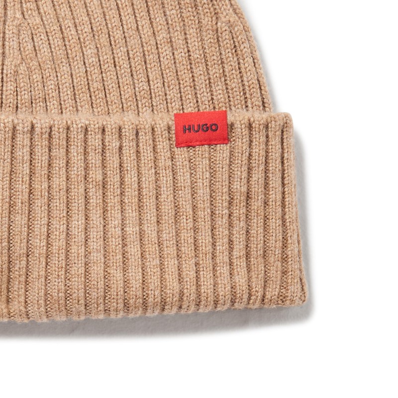 HUGO Small Logo Ribbed Beanie, Wheat, PCE.