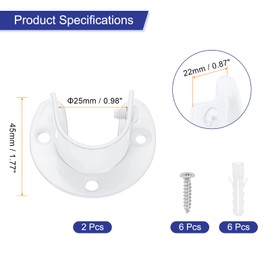 sourcing map 2Pcs Closet Rod End Supports, 0.98" Stainless Steel Flange Rod Holder Bracket End Supports with Screws for Bathroom Closet Curtain, White