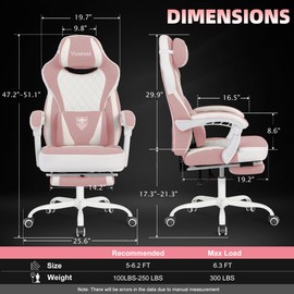 Vonesse Gaming Chair, Reclining Fabric Gaming Chairs for Adults 250LBS, Office Chair with Pocket Spring Cushion, Computer Chair with Footrest and Massage Lumbar Support (Pink)