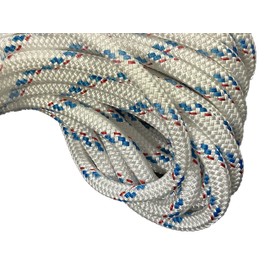 Yacht Braid Premium Polyester Rope 7/16 inch, White with Blue Tracers and Red Fleck (100 feet)