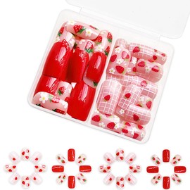 48Pcs Red Press on Nails Medium Square Fake Nails Short Pink False Nails with Strawberry Design Glossy Acrylic Full Cover Glue on Nails Reusable Flower Stick on Nail for Women Girls Art Decoration