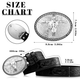 Xuniea Cowboy Belt for Men Longhorn Bull Buckle Belt Western Leather Buckle Belt Floral Engraved Buckle Belt (Black, 43 Inch)