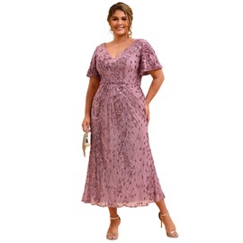 Ever-Pretty Plus Women's V Neck Short Sleeves Bodycon Sequin Maxi Plus Size Formal Dresses Orchid US20