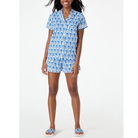 JINZIYINZI Rolling Womens Rabbit Pajamas Set Dupes Cute Lovely Monkey Print Short Sleeve Button Down Tops Shorts Doop Y2k Silk Satin Animal Valentine's Day Pjs