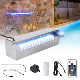 GarveeLife Pool Fountain Stainless Steel Pool Waterfall Spillway 11.8" x 4.5" x 3.1"(W x D x H) with 9 Colors Led Strip Light for Garden Patio Swimming Pool Decoration