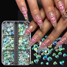 3D Aurora Heart Nail Charms, Mixed Sizes Iridescent Love Hearts Flatback Resin Rhinestones Crystal Diamonds Nail Art Supplies Nail Decoration Accessories for Acrylic Nails Crafts DIY & Salon