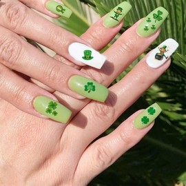 10 Sheets St. Patrick's Day Nail Art Stickers 3D Lucky Shamrock Nail Decals Green Irish Clover Nail Stickers Hat Letters Nail Art Decal Self-Adhesive Design for Women Charm Manicure Decoration