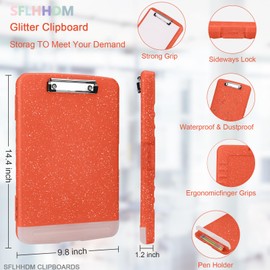 Glitter Clipboard with Storage,Storage Clipboard with Pen Holder,A4 Binder Clip Boards 8.5x11 with Low Profile Clip,Side Opening Sparkle Clipboards, Clipboards Folder for Office Supplies-Orange