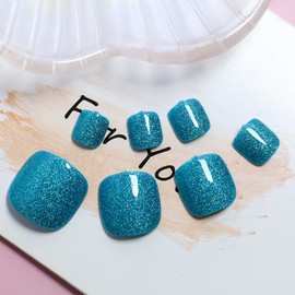 Gel Nail Press on Toe Nails Shine Short Square Fake Toenails Glossy Blue Acrylic False Toes Nails Cute Sparkly UV Full Cover Artificial Toenail Manicure Art Gel Toe Nails for Coquette Women 24Pcs