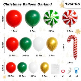 Christmas Balloons Garland Arch Kit Christmas Decorations, 126 PCS Christmas Balloons with Red Green White Gold Balloons Candy Cane Balloons for Christmas Holiday Birthday New Year Party Decorations