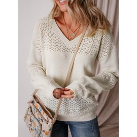 SHEWIN Womens Summer Sweaters Lightweight Casual Long Sleeve V Neck Crochet Sweater Tops Cable Knit Pullover Jumper Summer Clothes for Women 2025, US 16-18(XL), White