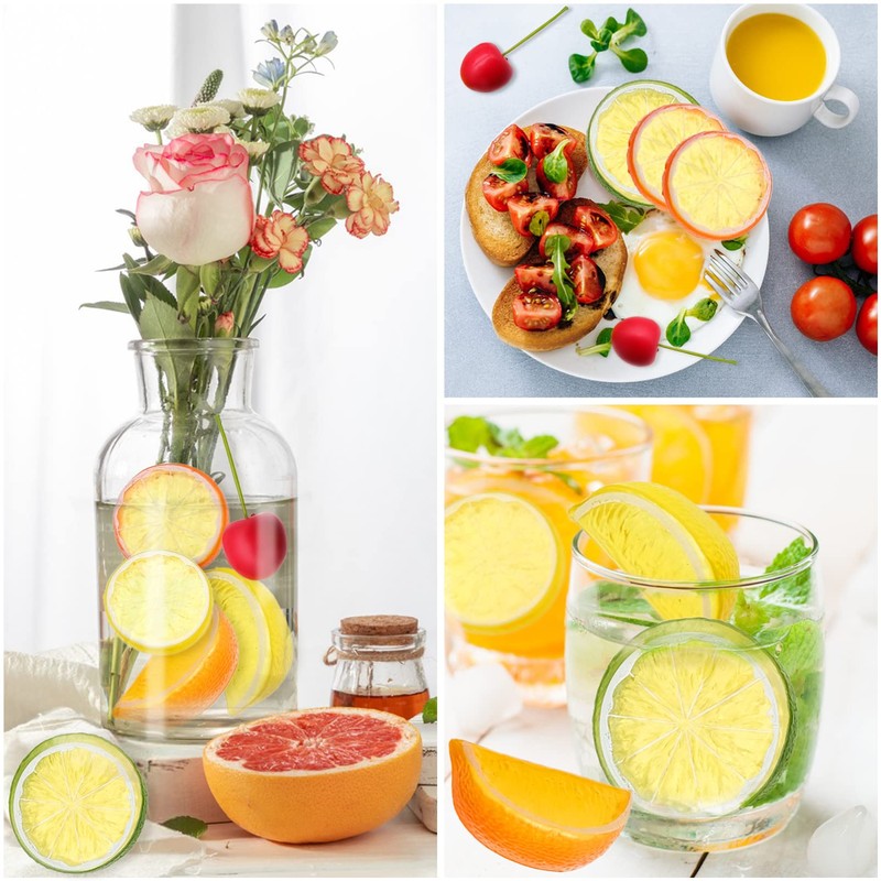 35pcs Artificial Lemon Slices Blocks Red Cherries, Fake Fruit Simulation