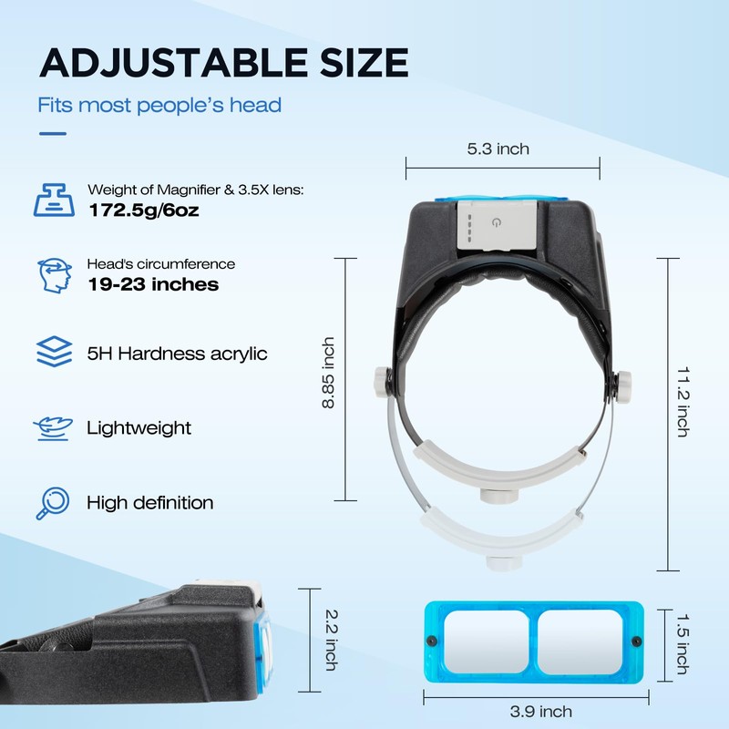 Headband Magnifier with Rechargeable Light,1.5X - 3.5X,4 Replaceable Lenses,Suitable for