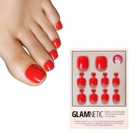 Glamnetic Press On Toenails - Fiery Red | Solid Opaque Red Fake Toe Nails with a Glossy Finish | 16 Sizes - 32 Toe Nail Kit with Glue