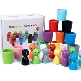 Dhqkqg Colour Sorting Cups, Peg Dolls in Cups, Colour Sorting Toys for Toddlers, Wooden Peg Dolls Matching Games for Learning Color Sorting and Counting, Sensory Stacking Cups Toys