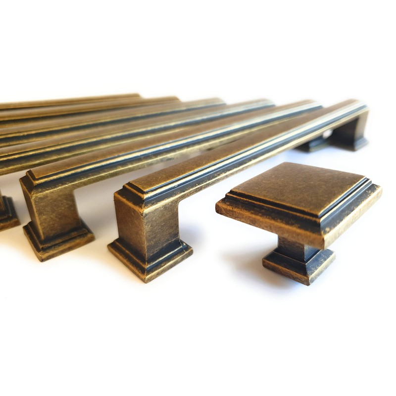 Set of 6 Deep Antique Brass Art Deco Square Kitchen