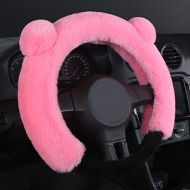 Universal Fluffy Steering Wheel Cover CXTIY Fashion Cute Cartoon Shape Winter Car Warm Covers for Women Girls (15 inch, Pink)