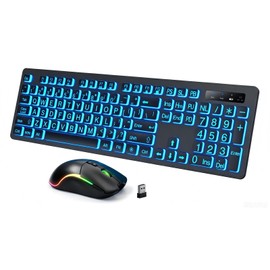 Light Up Keyboard and Mouse Wireless, Adjustable Brightness & Color, Rechargeable, Light Up Letters，2.4G USB Full Size Backlit Keyboard Mouse for Windows, PC, Laptop, Desktop, Gaming (Large Print)