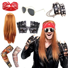 BIQIQI Rocker Outfit herren, 6pcs Herren Kostüm Rock Star 70er 80er 90er Jahre, Herren Rockstar Kostüm mit Armband Kopftuch Sonnenbrille Handschuhe Geblümte Arme Disco Rockstar Perücke für Männer Frauen