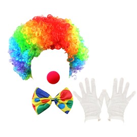 RmKbe 4pcs Clown Costume Set Rainbow Clown Wig White Gloves Clown Nose Clown Bow Tie Unisex Clown Accessories Carnival Cosplay Pretend Play Circus Party Props for Men Women