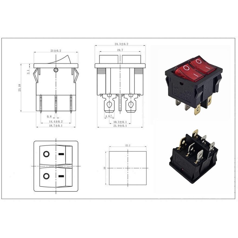Double Rocker Switch Black 20 x 22 mm Red Rocker