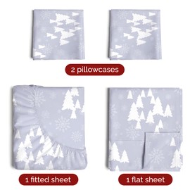 Gray Christmas Sheets Full - 4 Piece Deep Pocket Christmas Sheet Set - Soft Wrinkle Free - Winter Holiday Sheets - Women, Men, Kids, Teens - Winter Bed Sheets - Gray & White Winter Trees, Snowflakes