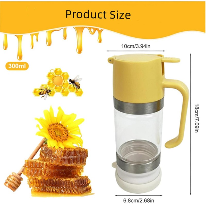 DDMMQS ガラス製ハニーディスペンサー、ハンドル付き9オンスのハニージャー、プレスタイプのシロップディスペンサー、家庭用密封ジャー、シロップボトル、ジャムボトル(ブラック)