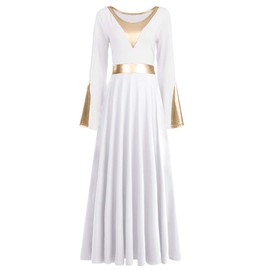 Women Metallic Color Block Liturgical Praise Dance Dress Bell Long Sleeve Lyrical Dancewear Gowns Worship Costume White + Gold 2XL