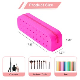 RSRSLEII Cute Silicone Makeup Brush Holder with Holes, Soft Portable Cosmetic Brush Bag with Zipper, Travel Makeup Brush Case（02Hot Pink）