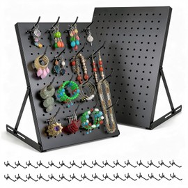 2 Pack Pegboard Display Stand, Metal Peg Board with 32 Hooks, Adjustable Angle & Foldable Design, Thick Steel Panel, Durable Tabletop Rack 16''x12'' for Vendor Display, Craft Show, Jewelry Display (black)