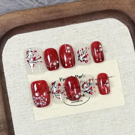 TENPAL Handmade Press on Nails Short Square,Reusable Red Cat Eye Soft Gel Fake Nails,10PCS Set with 3D Plum Blossom Pattern Red Nails,Pearl Acrylic Stick on Nails for Women and Girls,Small Size