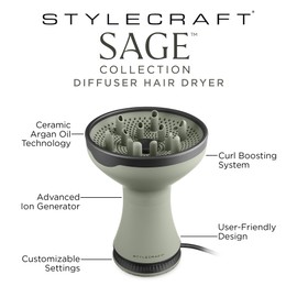 Stylecraft Sage Collection Diffuser Hair Dryer for Curly Hair, Ion Generator for Frizz-Free Curls