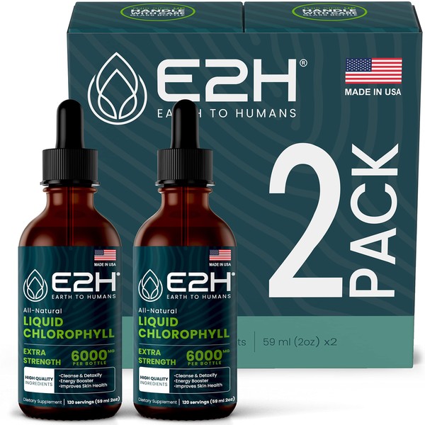 E2H Chlorophyll Liquid Drops - Energy Booster, Digestion, Immune System Support and Internal Deodorant - Vegan - Gluten Free - Non-GMO - (2 Bottles)
