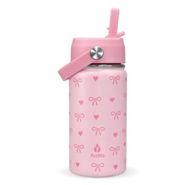 XccMe Kids Water Bottle With Straw Lid,Pink Bow 14 oz Stainless Steel Travel Bottle,Double Wall Leak Proof Kids Cup,Insulated Tumbler for Toddlers,Metal Bottle for School Boys Girls