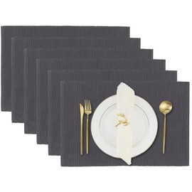 Dinner Table Mat Set of 6 Fine Ribbed Cotton - Dining Table Sets Modern Kitchen Table Place Mat Washable for Cafés Restaurants 49 x 33 cm - Charcoal Grey