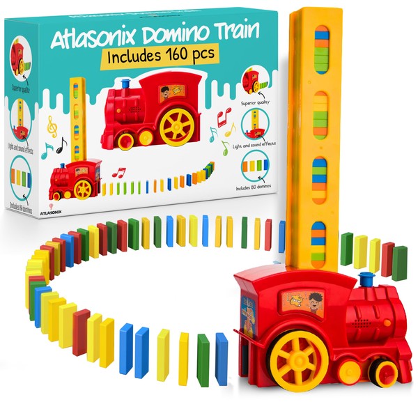 Atlasonix Domino Train Set - 160 Pcs Dominoes for Kids, Domino Train Toy Machine - Prepares Your Domino Rally Experience Automatically for Boys and Girls Age 3-8