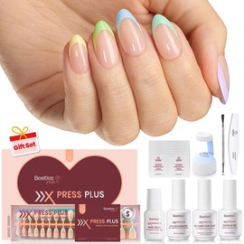 Beetles X Press Plus-Lite Kit French Tips Square Almond French Tip Press on Nails with Nail Glue Builder Top Coat Squoval Press on Nails DIY Manicure Gift for Women #TikTokShopBacktoSchool:_224 pcs Short Almond 7 Colors Uv Press On Kit