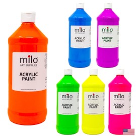 milo Fluorescent Acrylic Paint Set of 6 Colors | 32 oz Bottles| Student Neon Colors Acrylics Painting Pack | Glows UV in Black Light | Non-Toxic Art & Craft Paints for Artists, Kids, & Hobby Painters | Made in USA